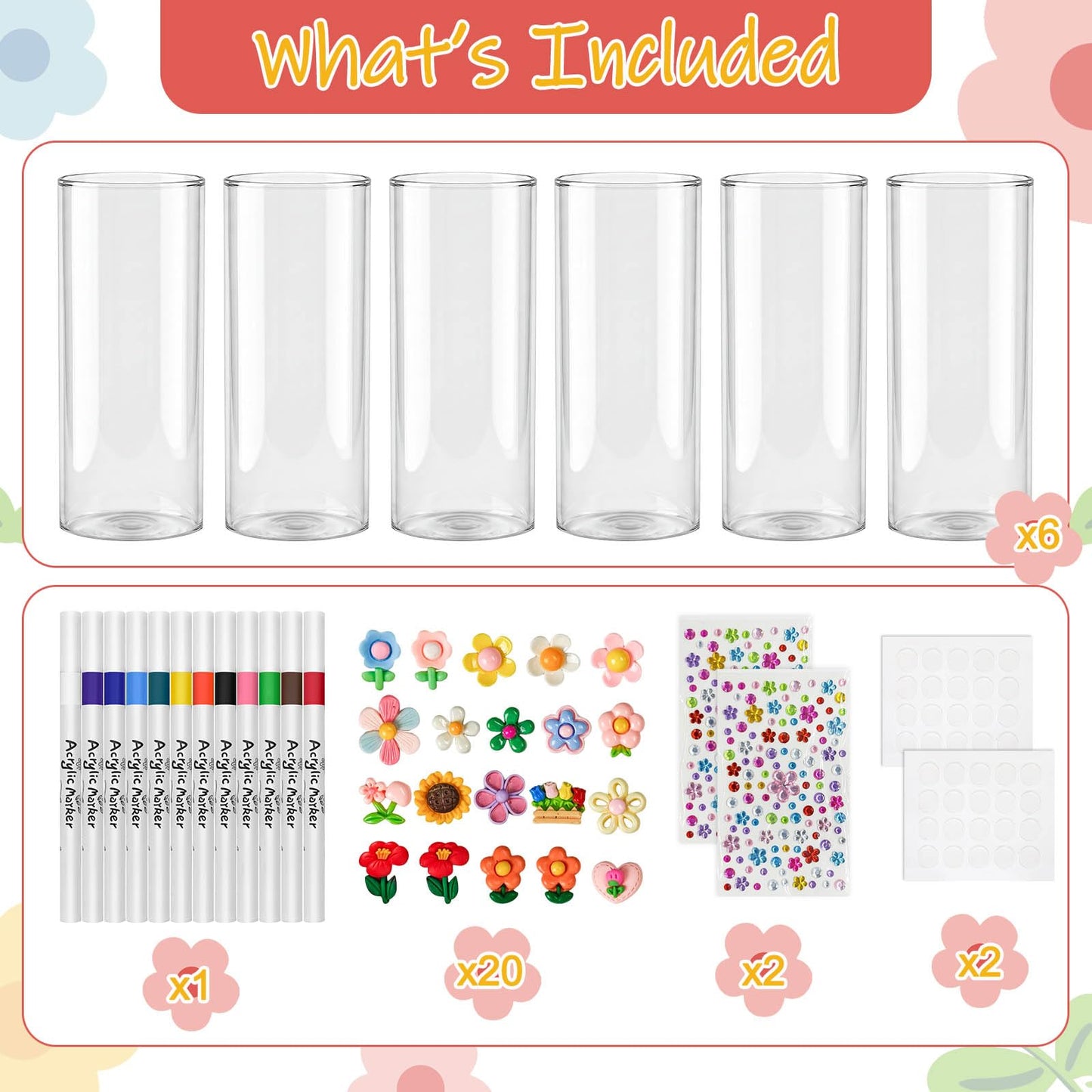 Cinrobiye 6 Set DIY Glass Vase Craft Kit, Clear Glass Flower Vase Painting Set with Decorative Flowers, Stickers and Pens for Home Decor, Creative Art Projects and Table Decoration