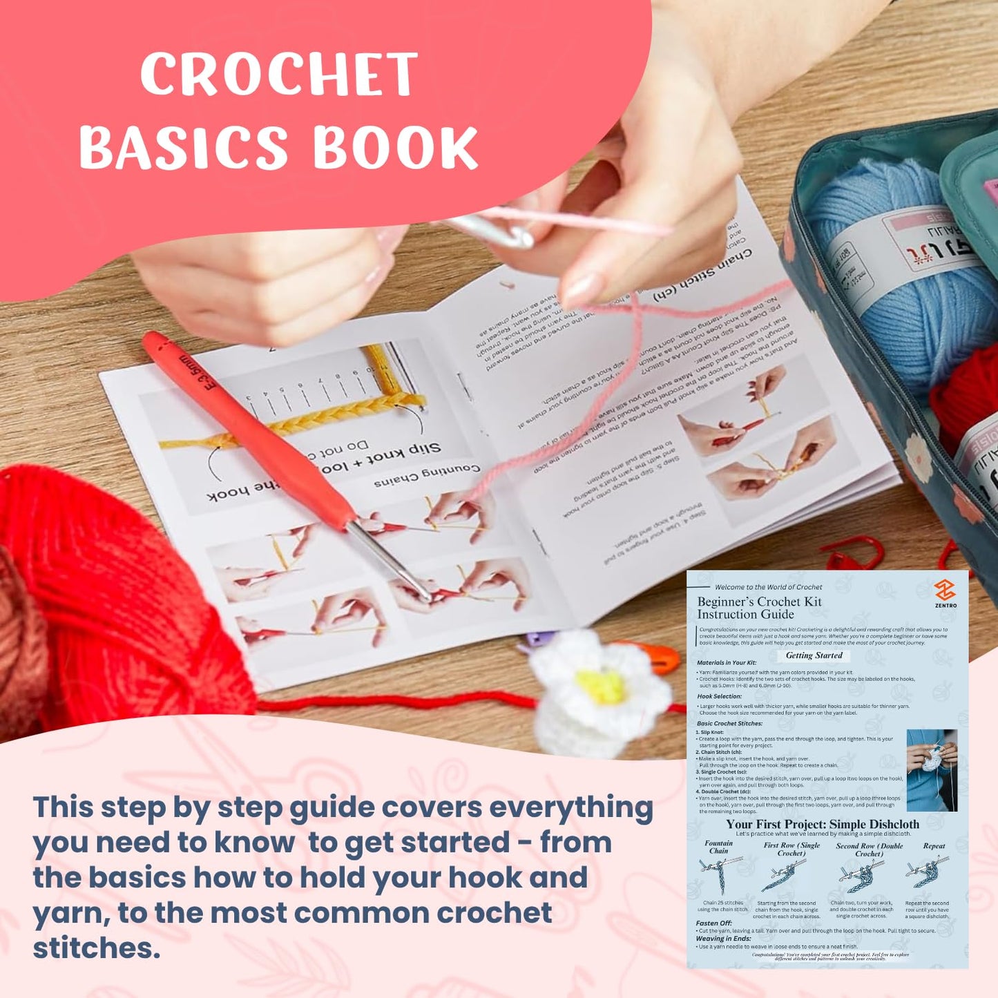 Crochet Kit for Beginners Adults & Kids | 52pcs Crochet Hooks Set with Yarn, Ergonomic Crochet Needles & Storage Case | Perfect Crochet Starter Kit for Travel, Knitting Supplies & DIY Crafts Gift