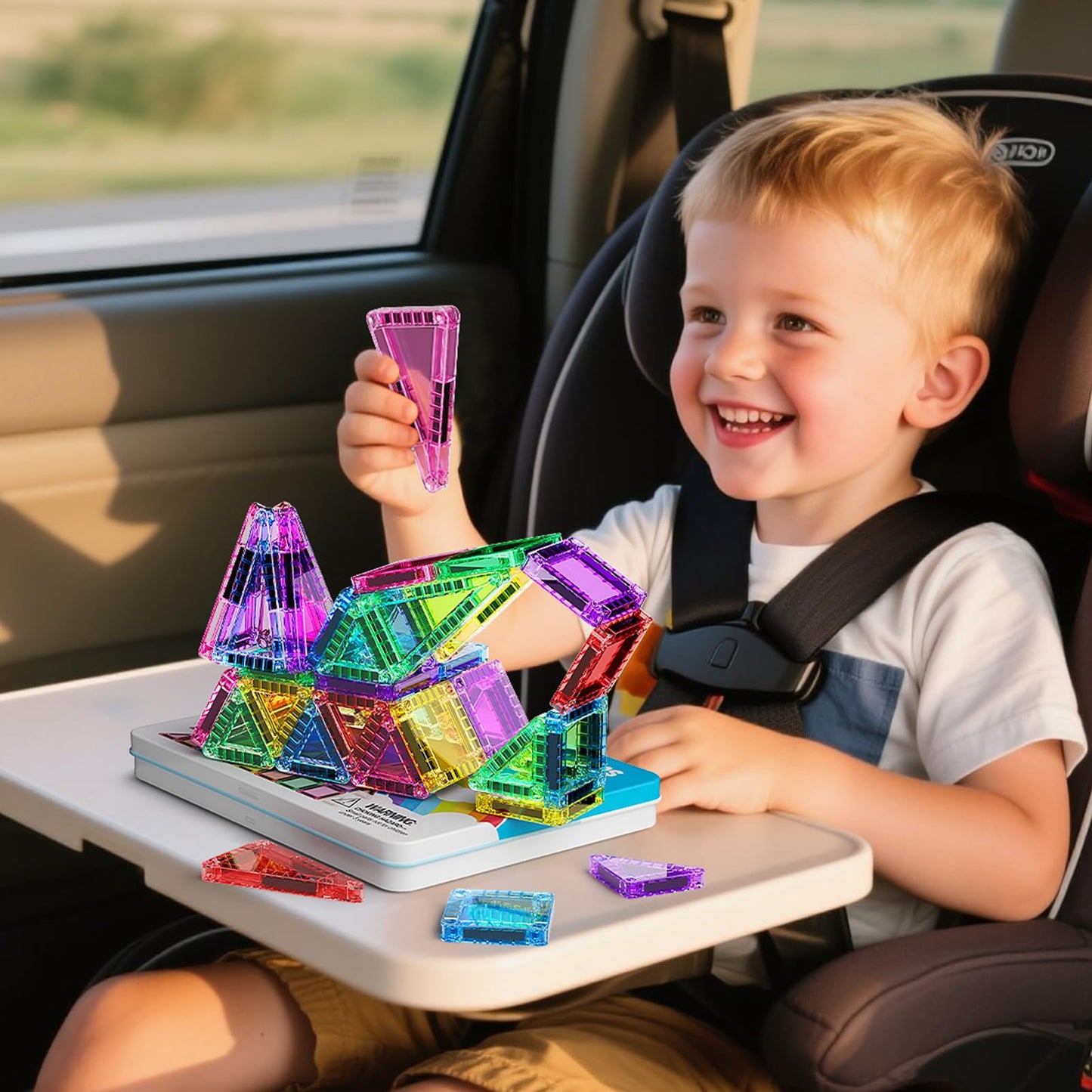 hunloot 40 Pieces Magnetic Tiles for Kids Ages 4-8, Travel Magnetic Building Blocks Set with Iron Box, STEM Outdoor Kids Toys Gift for Boys & Girls 3+ Year Old, Pocket-Sized Classroom Must Haves