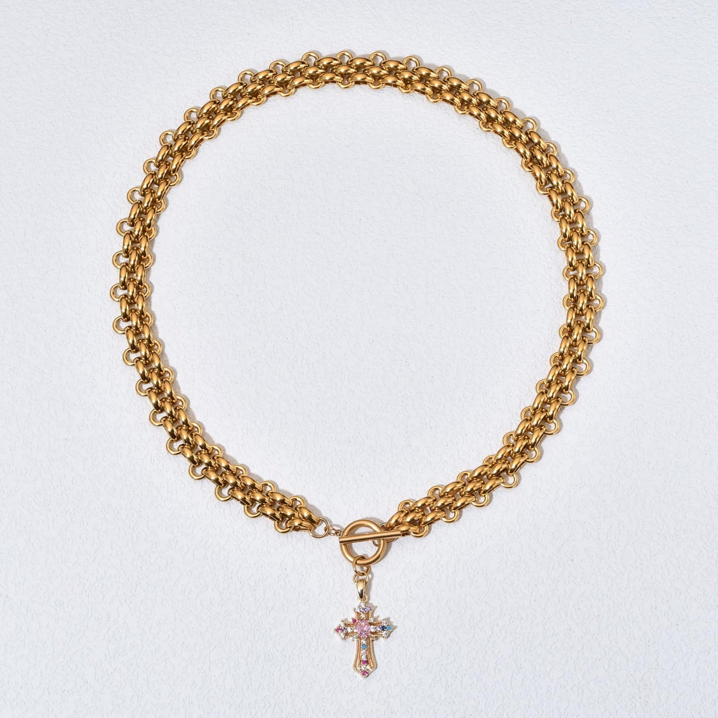 jomjeu Cross Necklace for Women Pink Zircon Necklaces 18K Gold Plated Stainless Steel Chain Pendant Necklace Classic Trendy Toggle Chunky Gold Necklaces Jewelry Gifts for Women