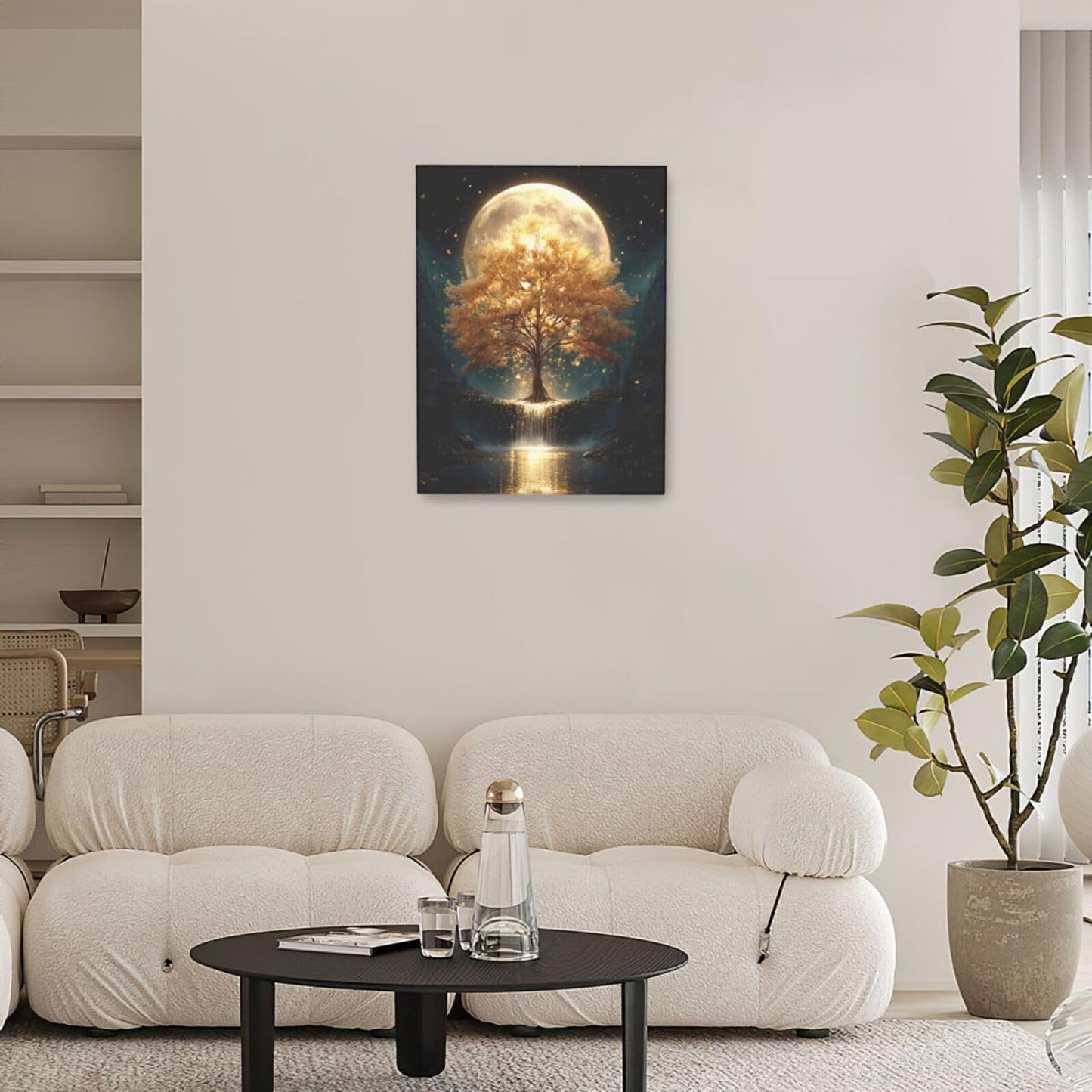 Golden Tree Wall Art Fantasy Tree with Moon and Waterfall Canvas Wall Decor Pictures Paintings Prints Mystical Nature Artwork Framed De corations For Meditation Space Bathroom Bedroom Living Room Office Gifts 12" x 16"