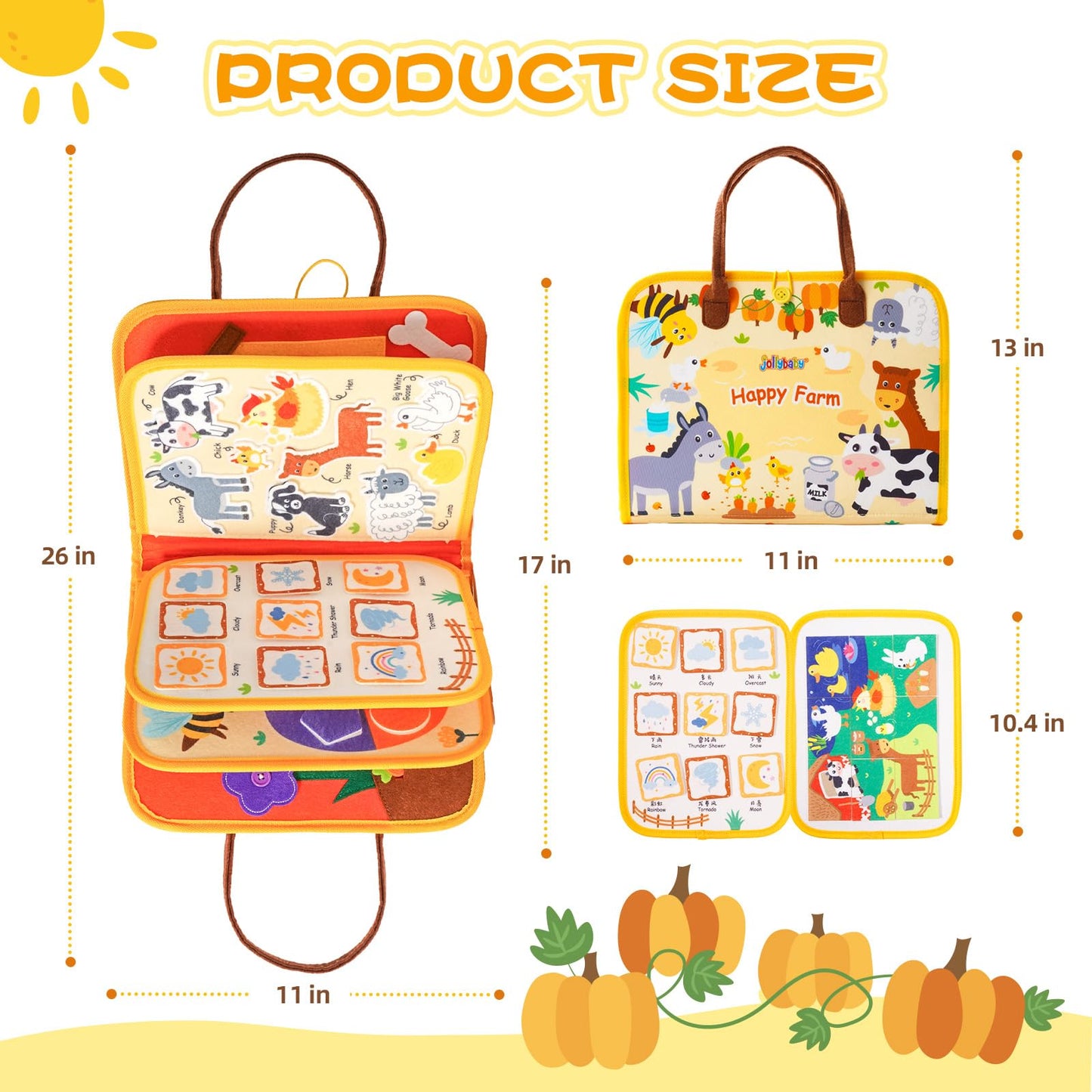 Jollybaby Montessori Activity Busy Book for Toddlers, Preschool Educational Learning Busy Board for 3 Year Old, Felt Quiet Book Birthday Gift - Farm