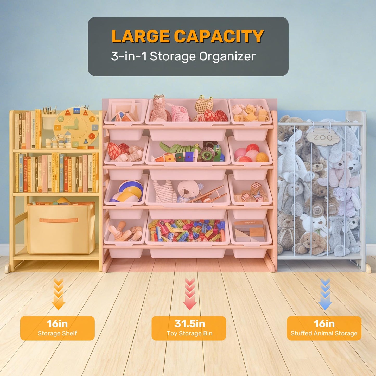 Yazzropt 65" Large Toy Storage Organizer with Bins Shelves & Stuffed Animal Storage for Kids Wood Toddler Playroom Organization with Bookshelf Toys Box Wooden Organizers for Kids Room Nursery Bedroom