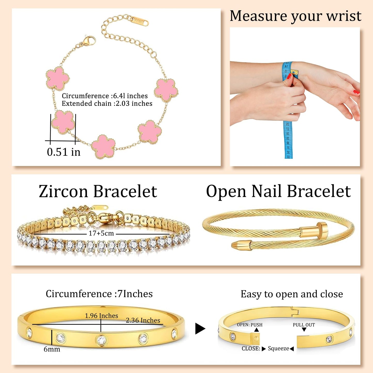 MEIERYA 18K Gold Plated Womens Stackable Floral Bracelets Set,Twisted Cable Bangle,Trendy Jewelry,Waterproof adjustable bracelet,Christmas Birthday Gifts for Girlfriend or Mother. (05-Color-pink)