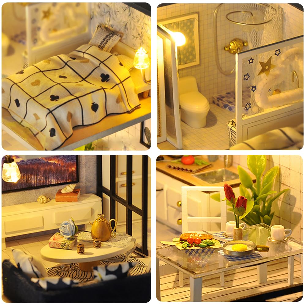 DIY Miniature Dollhouse Kit, Mini House Making Kit with Furnitures and Dust Cover, Tiny House Kit to Build for Adults, Hobby Craft Gift for Christmas Day, Loft House