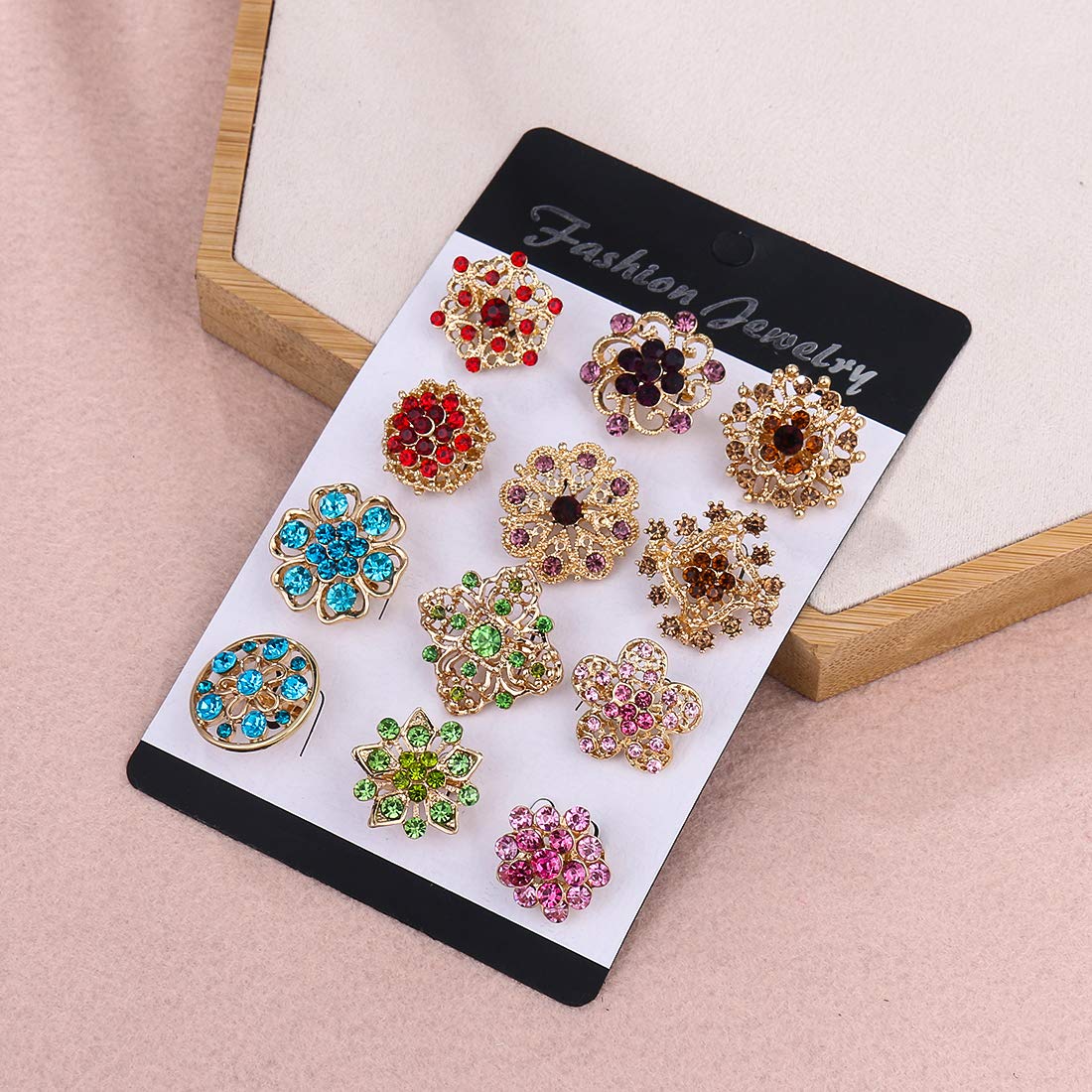 MEEJOA Brooches and Pins for Women Fashion, Multicolor Rhinestone Crystal Flower Brooch Pins for Crafts and DIY Wedding Bouquet Small Brooches Set