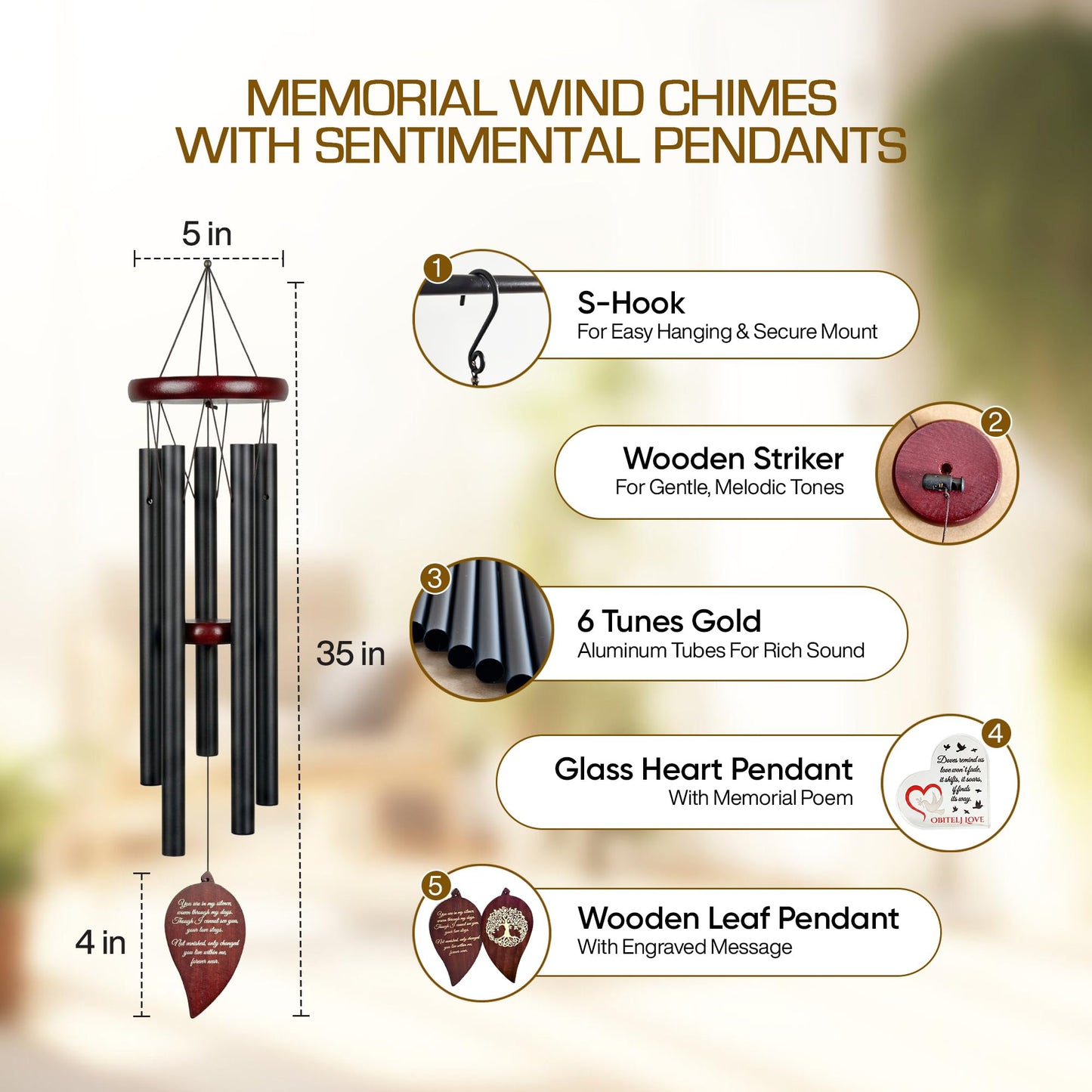 Obitelj Love 36" Memorial Wind Chimes for Outside, Double Sided Engraving Pendant, Deep Tone 6 Aluminum Tubes & Pine Wood, Sympathy Gift for Loss, Includes Acrylic Heart Plaque & a Letter from Heaven