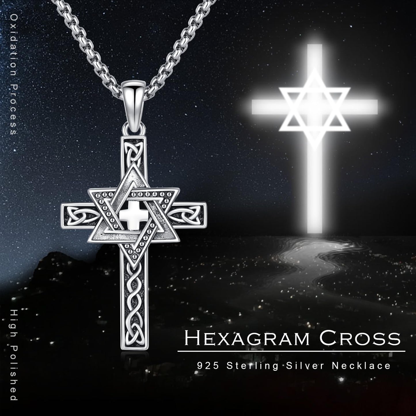 YEESIA Star of David Necklace 925 Sterling Silver Celtic Cross Necklace Jewish Star Cross Pendant Necklaces Celtic Star of David Star Jewelry Valentines Day Gifts for Men Women