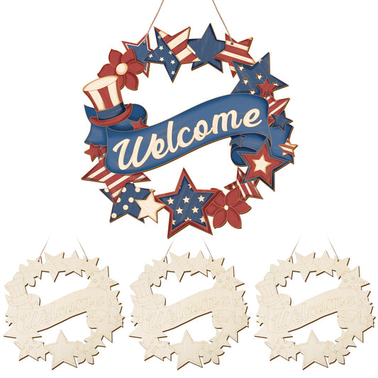 4th of July Wood Crafts to Paint for Kids Adults, 3 Sets Paintable Unfinished Wooden Patriotic Ornaments for Craft, Memorial Veterans Day DIY Cutouts Wreath for Painting Door Decorations (Star)