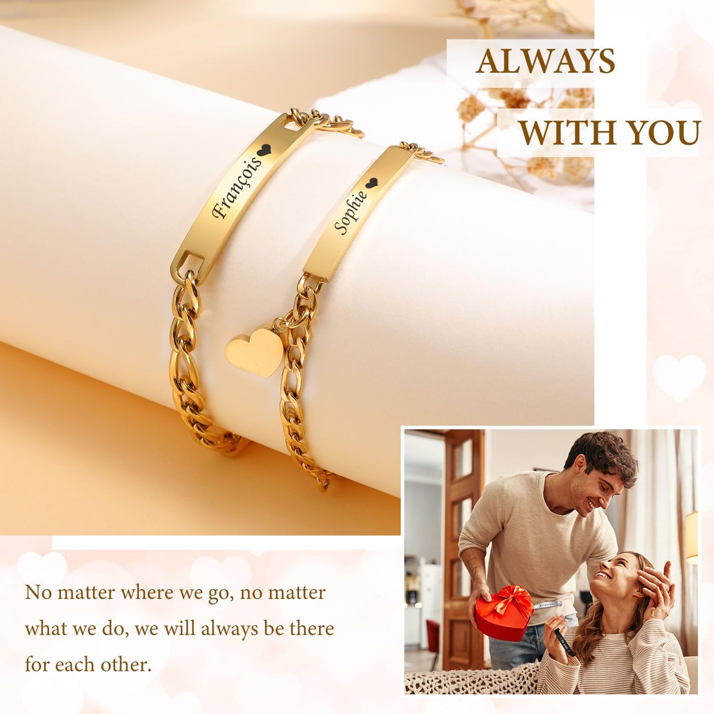 Personalized Matching Bracelet for Couple - Free Engraving Custom Couples Bracelets,Hypoallergenic Adjustable Stainless Steel Long Distance Relationship Jewelry,Promise Bracelet Gifts for Him and Her