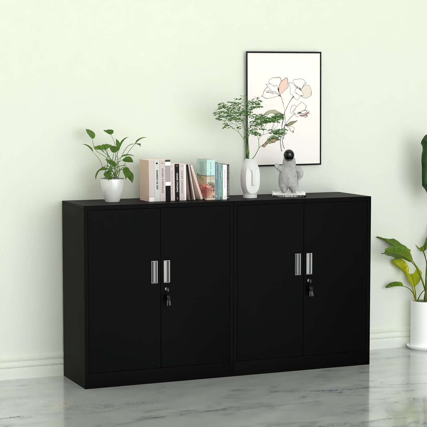 JINKUR Metal Storage Cabinet with Locking Doors and 2 Adjustable Shelves, Small Lockable Steel Storage Cabinets for Home Office Garage Kitchen Pantry (Black)