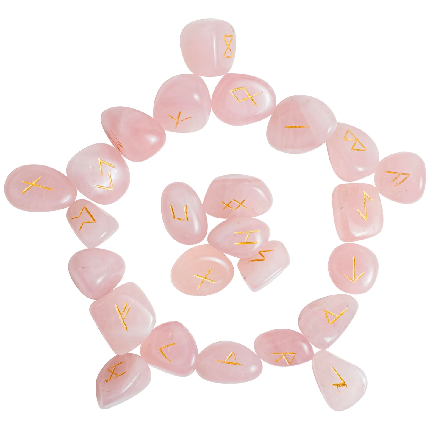 Crocon Rose Quartz Gemstone Rune Stone with Elder Futhark Alphabet Engraved Symbol 25 pcs Set for Feng Shui Reiki Crystal Healing Chakra Balancing Gift Home Decor Size: 15-20 mm