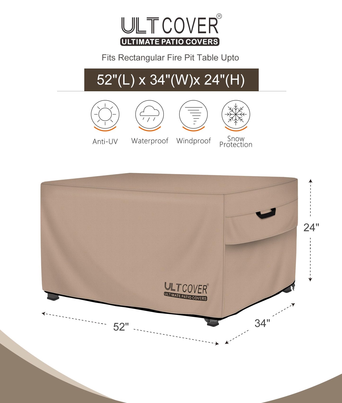 ULTCOVER Rectangular Gas Fire Pit Table Cover 52x34 inch Waterproof Heavy Duty Firepit Cover