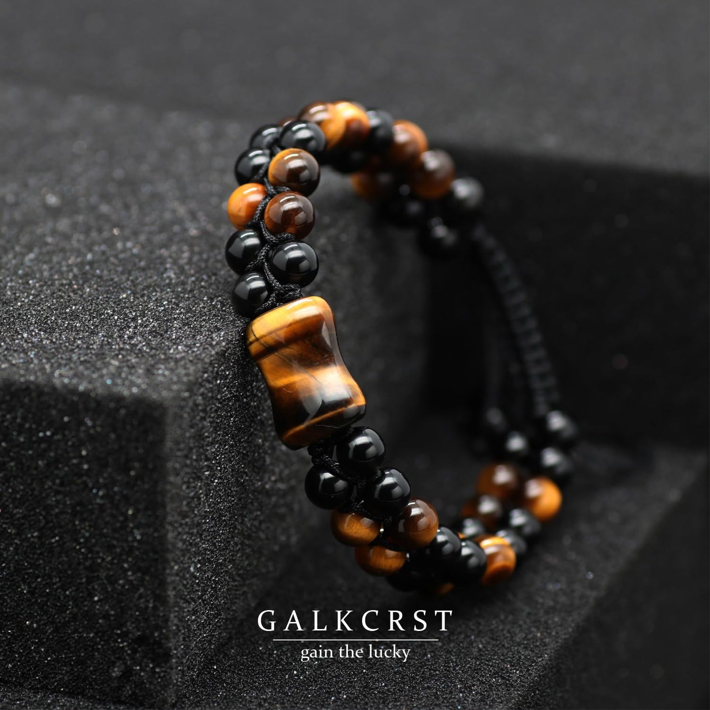 GALKCRST Tiger Eye Black Obsidian Bracelet for Men, Double Layer Natural Stone Beads Bracelet with Bone-Shaped Tiger Eye Focal Bead, Adjustable Braided Cord Triple Healing Crystal Bracelet, Men's Jewelry Gift