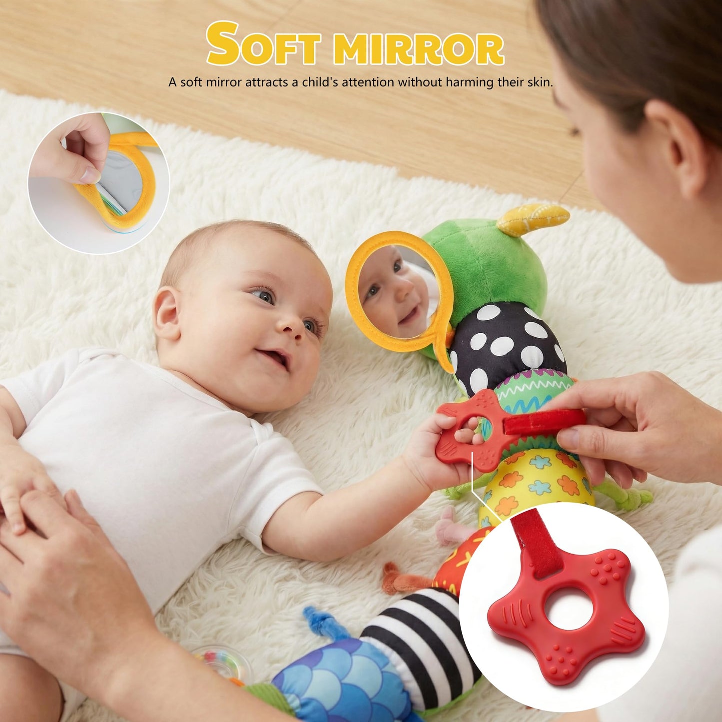 Baby Toys 0-6 Month Musical Caterpillar Toy for Infant 0-3 3-12 Months,Mirror Crinkle Rattle Tummy Time Sensory Toys Newborn Boys&Girls Stuffed Plush Gifts,Car Seat Toys for Outings