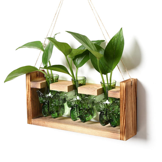 Glass Plant Propagation Station Butterfly Planter Vase with Wooden Stand Birthday Gifts for Women Mom Plant Lovers Office Home Decoration