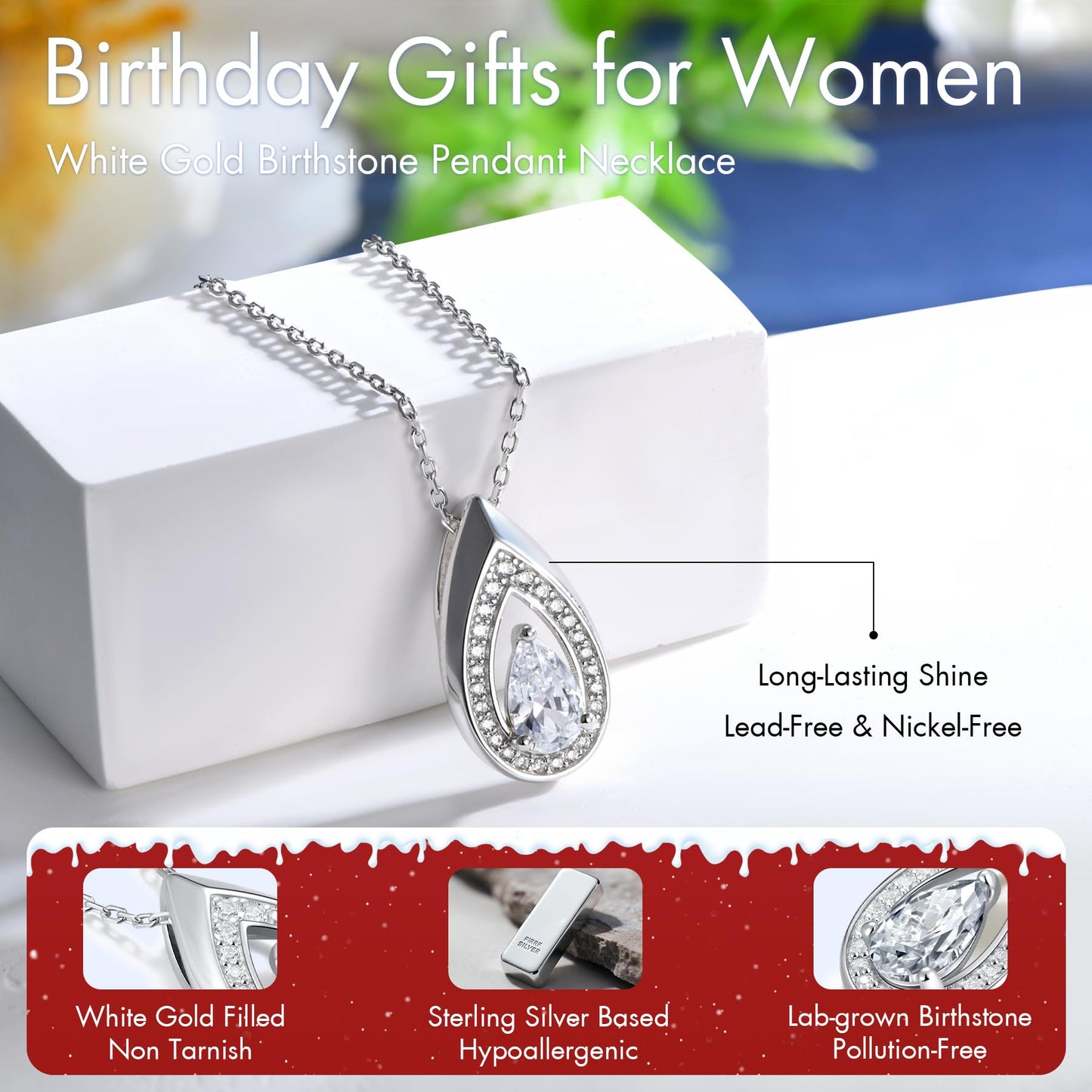 Kstyle 925 Sterling Silver Diamond April Birthstone Pendant Necklace Teardrop Jewelry Valentine's Day Anniversary Birthday Gift for Wife Girlfriend Mom Sister Non Tarnish