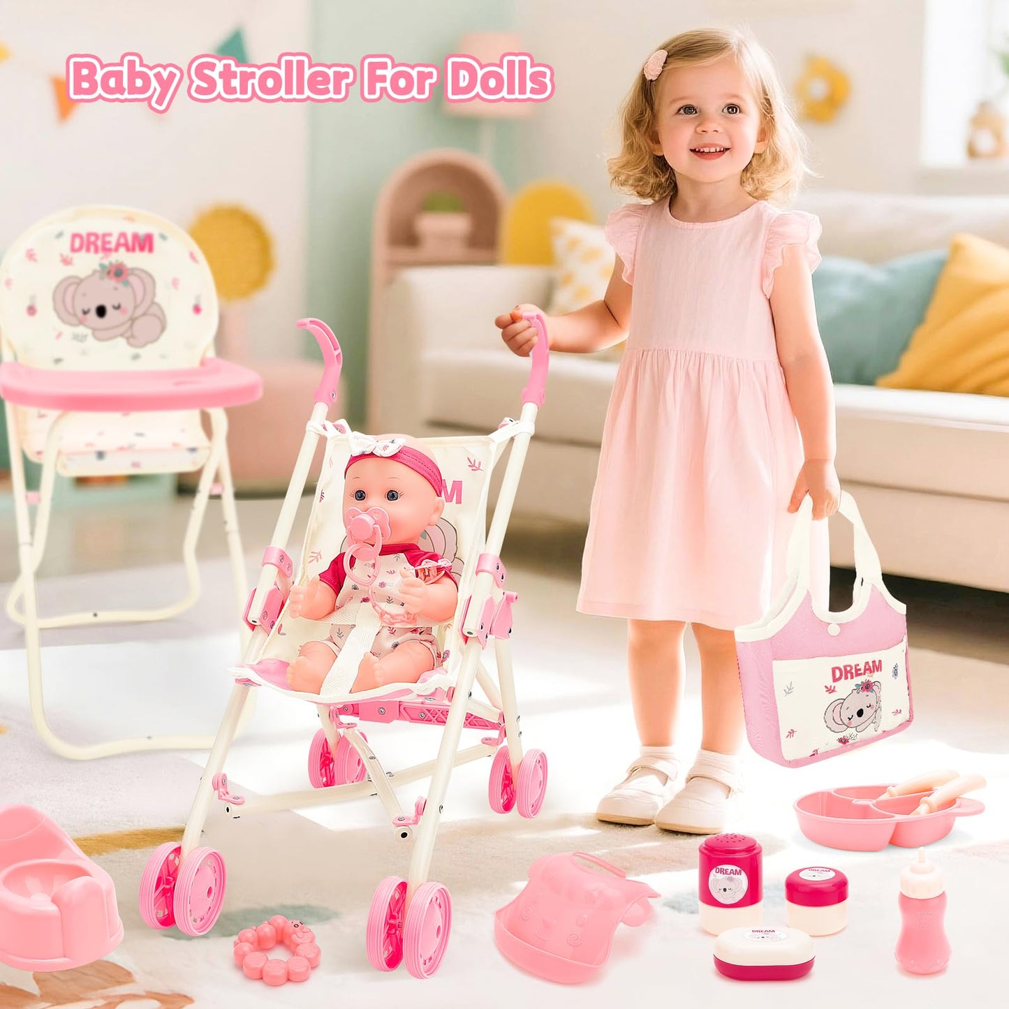 deAO Baby Doll Stroller Toys with 12" Baby Doll Accessories Crib Bed High Chair Nursery Role Play Set Play Mat,Travel Cot,Bouncer,Foldable Stroller,Travel Bag, Birthday Gifts for Toddlers Girls Boys