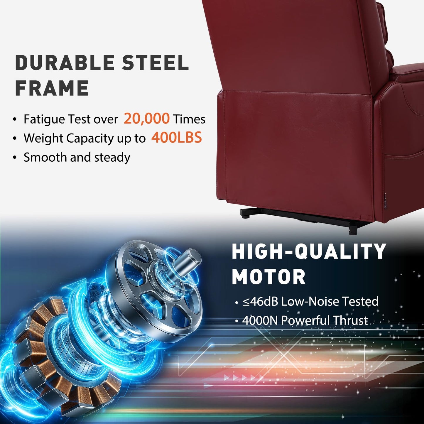 EONIX Dual Motor Lay Flat Power Lift Recliner Chair for Elderly, Breathable Faux Leather Electric Lift Chairs for Adults, 400lbs Heavy Duty Power Recliner with Heat and Massage, SLRY003061, Burgundy