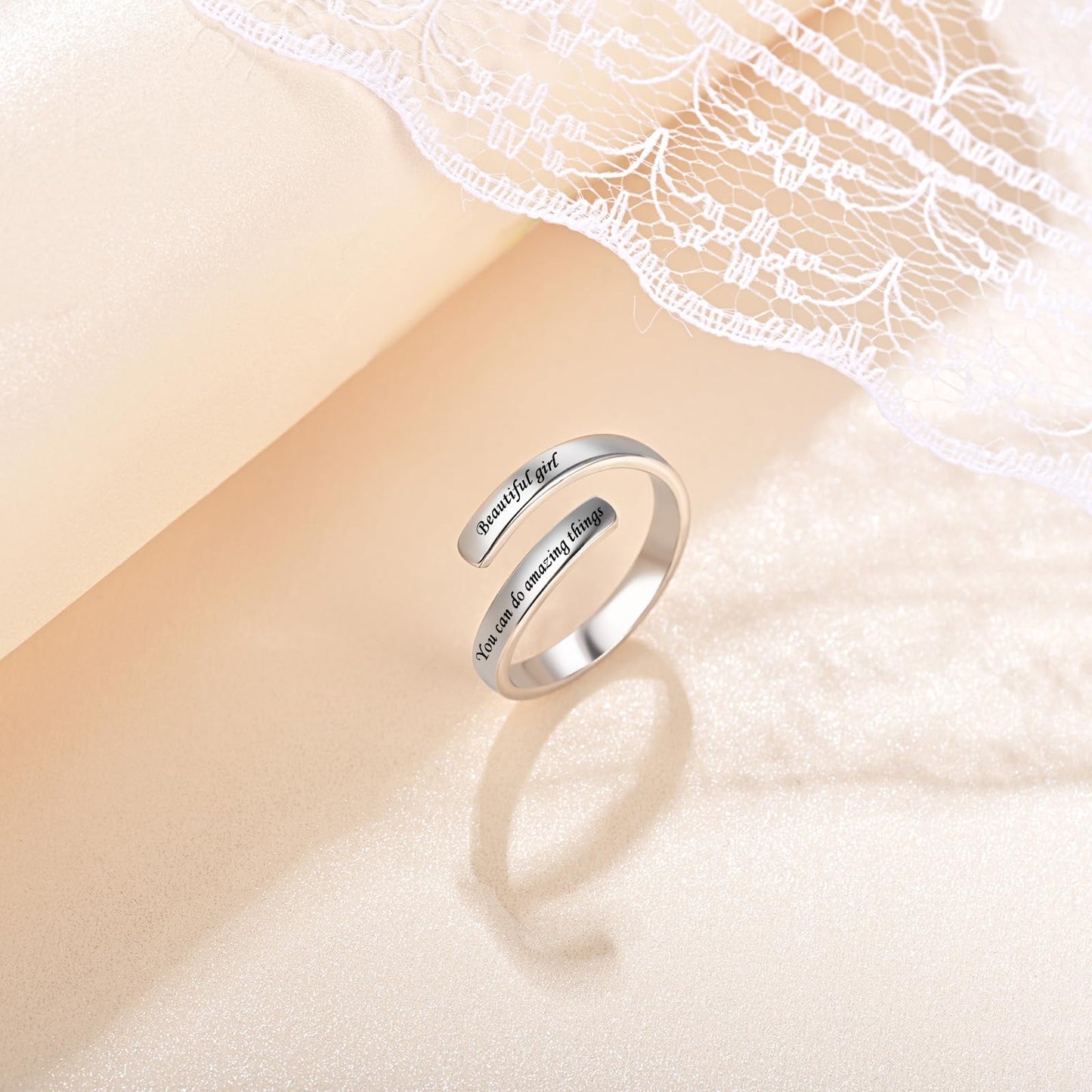 925 Sterling Silver Inspirational Jewelry Adjustable Wrap Open Ring Encouragement Gift for Women(Beautiful * you can do amazing things)