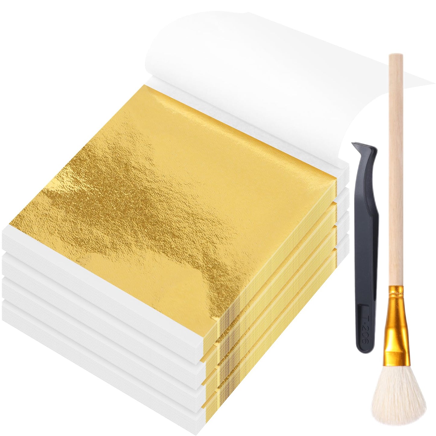 Maitys 400 Pcs Imitation Gold Leaf Sheet, for Art Silver Foil Sheet Set with Brush and Nipper for Painting Gilding Picture Frame Sculpture DIY Craft Decoration Furniture, 3.5 x 3.5 Inches(Golden)