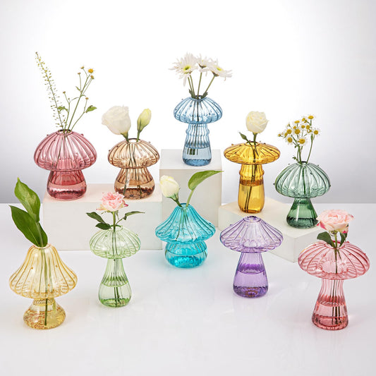 Mushroom Glass Vases for Indoor Plants, Set of 10 Colored Plant Propagation Stations, Cute Mini Terrarium, Unique Small Hydroponic Pots for Flowers, Decor Vase Gifts for Women