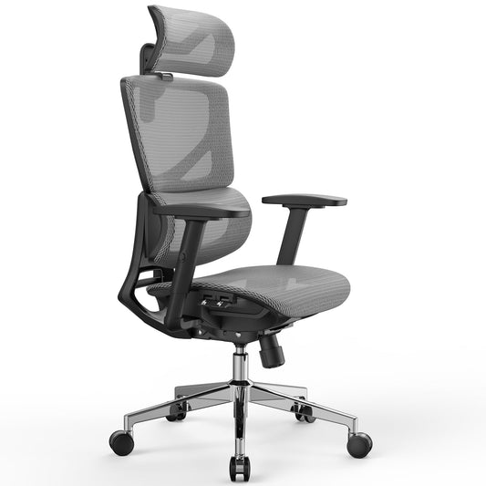 OdinLake L1 Ergo Upgrade 518 Grey Ergonomic Mesh Office Chair – Big & Tall 350lbs, Adjustable Lumbar Support, Seat Depth, Height, Headrest, Armrests, High Back Desk Chair