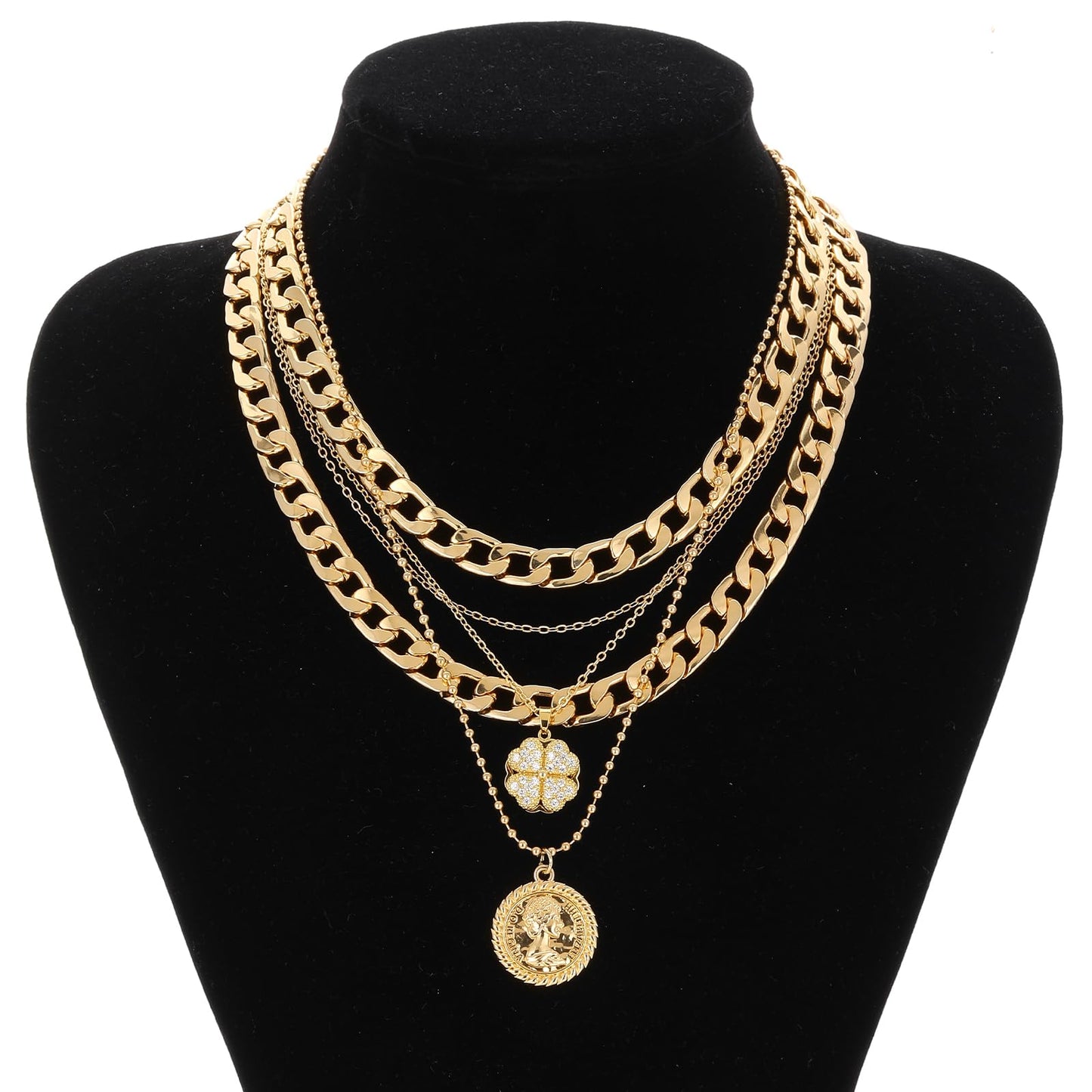 MJartoria Gold Layered Necklaces for Women Trendy Retro Coin Pendant Necklace Dainty Chunky Chain Choker Necklaces for Jewelry Birthday Gifts (Gold, A-Z-Rotatable Clover-5 in 1 Layered)