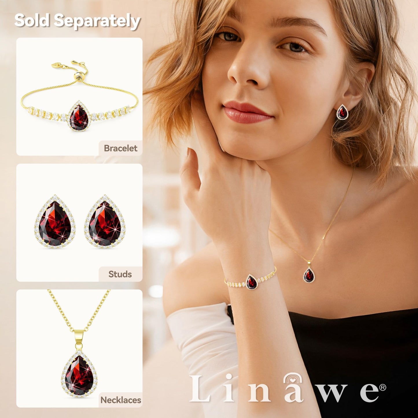 Linawe Red Imitation Diamond Stud Earrings for Women, Gold Cubic Zirconia Earrings Studs, Iridescent Teardrop Statement Rhinestone Garnet Crystal Earrings Set, Costume Wedding Jewelry
