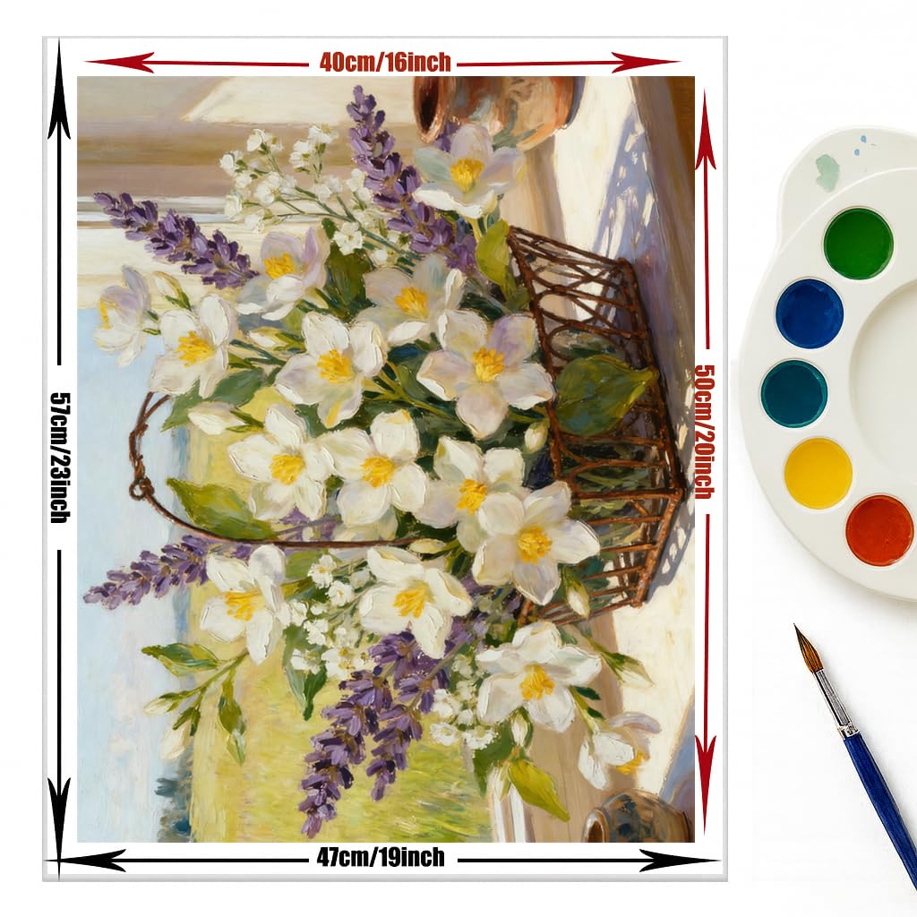 EnLvYY Lavender and Jasmine Basket Paint by Numbers for Adults 16x20 Inch, DIY Unframed Kit, Arrangement with Jasmine, Lavender, and Wildflowers, Gift for Flower Lovers