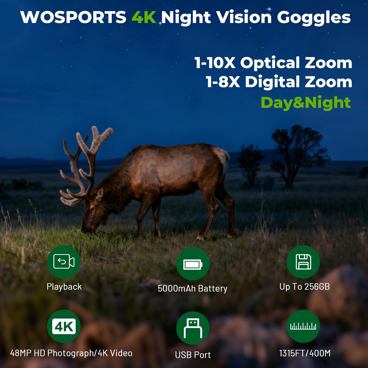 WOSPORTS 4K Night Vision Goggles, up to 80X Total Magnification 1315FT Infrared Night Vision, 64GB TF Card - Ideal for Camping & Outdoor Use
