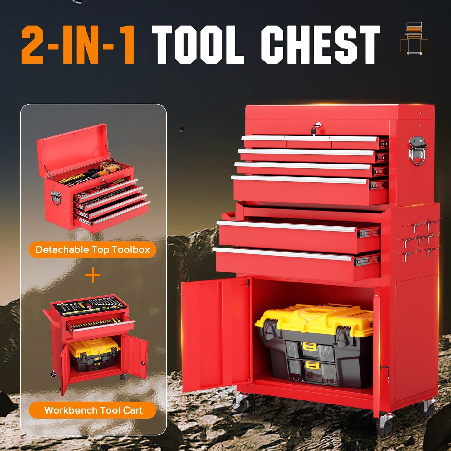 Oakcloud Heavy-Duty 8-Drawer Rolling Tool Chest & Cabinet Combo with Black Liner – Lockable Steel Garage Tool Box on Wheels – Detachable Top Toolbox & Bottom Storage Cart with Side Hooks, Red