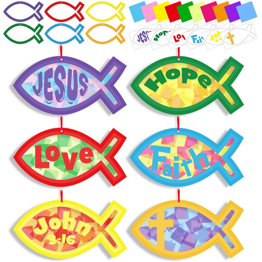 42 Packs Faith Fish Suncatchers Crafts for Kids, Christian Jesus Fish DIY Religious Cross Tissue Paper Sign Art Craft Kit for VBS Sunday School Home Classroom Church Bible Activities Party Decor