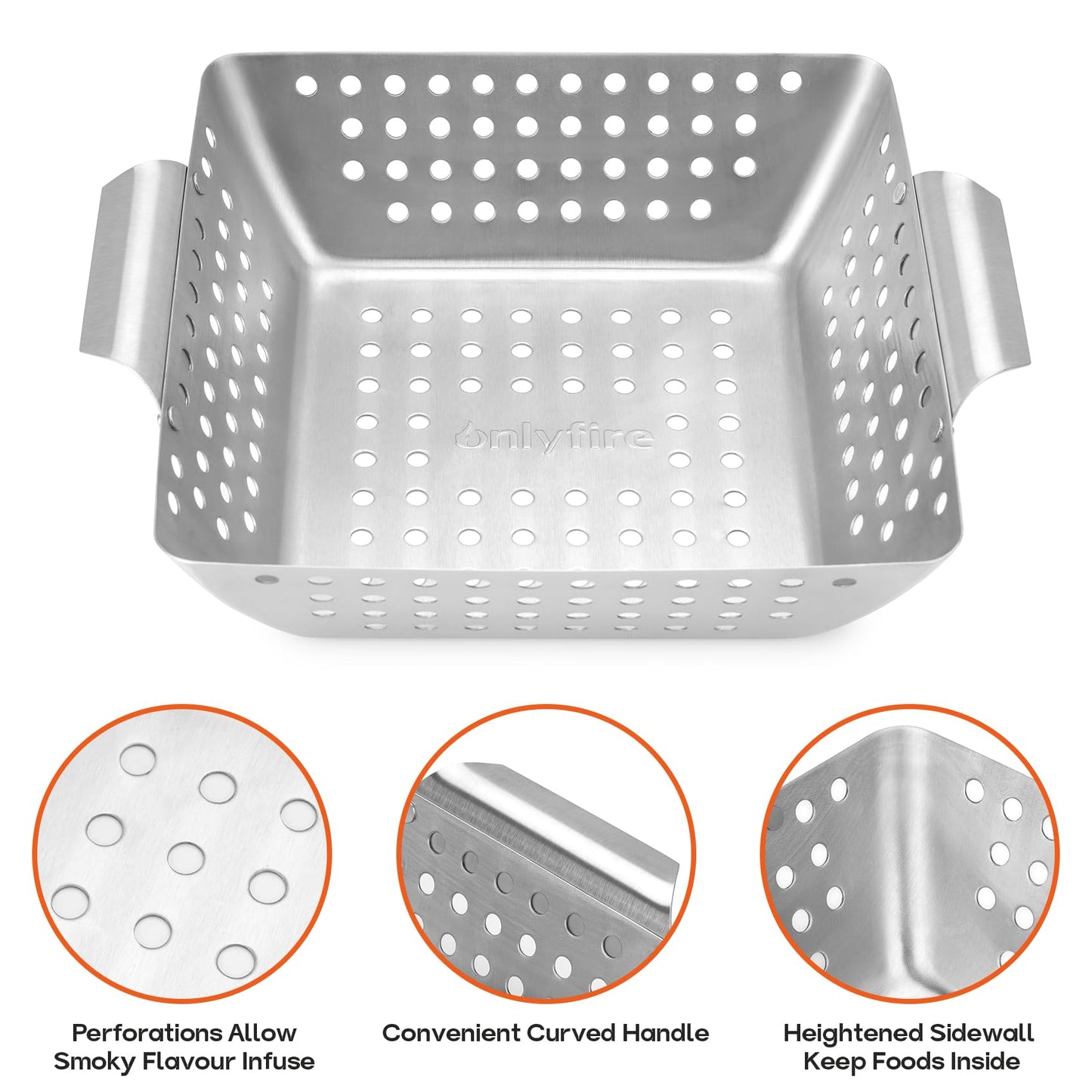 Onlyfire 3 Packs Grill Baskets, Heavy Duty Stainless Steel Perforated Vegetable Grill Baskets, 3 Piece Mini Grilling Basket Set, Grill Pan for Outdoor Grill