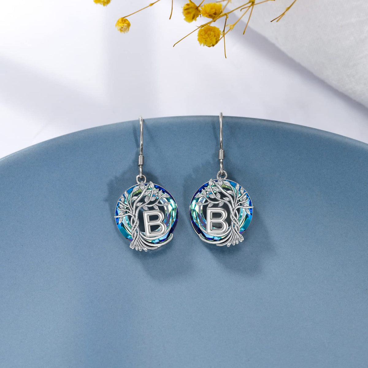 TOUPOP Tree of Life Initial Earrings Sterling Silver Initial B Letter Drop Dangle Earrings Blue Circle Crystal Family Tree Jewelry Birthday Mothers Day Gifts for Women Mom Her