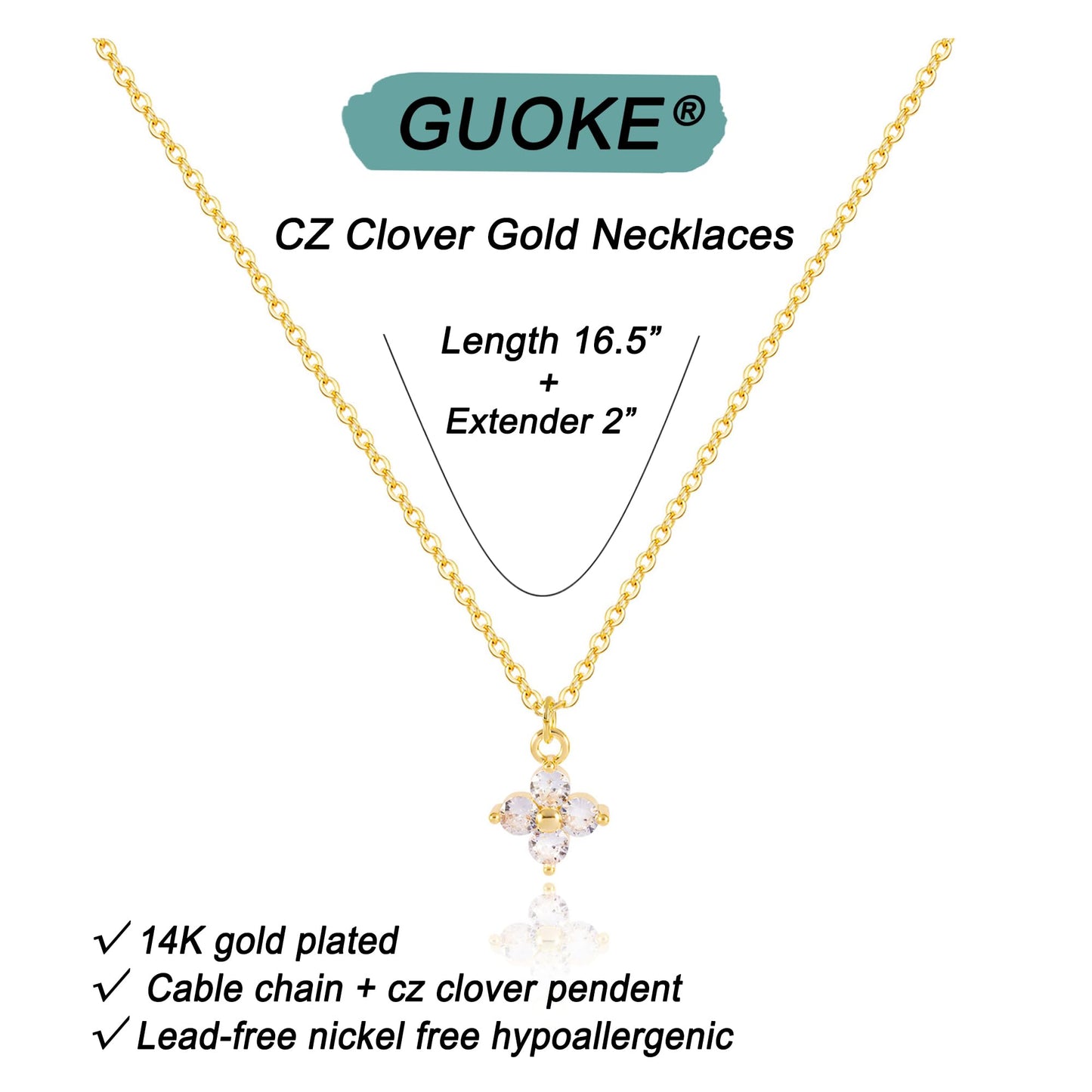 GUOKE Four Leaf Necklace - 14K Gold Plated Dainty Gold Necklace Simple Jewelry for Women