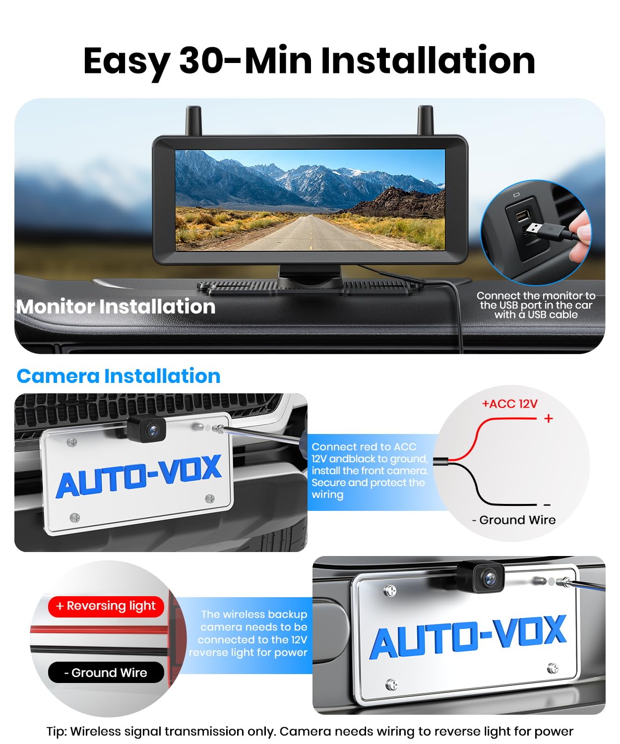 AUTO-VOX 2 Wireless Backup Camera: 7.2" USB-Powered Dual Split-Screen 1080P HD Monitor with DVR Recording, Front and Rear Coverage, Stable Signal, Back Up Camera for Pickup, Trailer, SUV