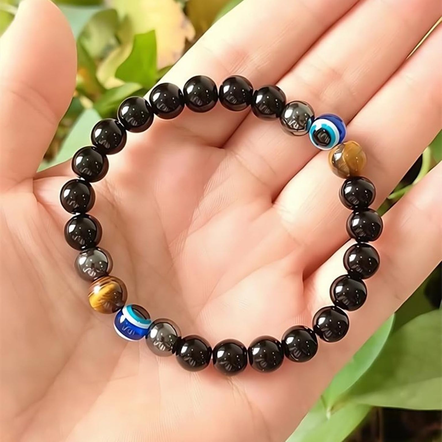 WEFRIN Evil Eye with Hematite Black Obsidian Tiger Eye Stone Triple Protection Bracelets for Men Women, Crystal Jewelry Stone Bracelets Bring Luck and Prosperity and Happiness (E-8mm(e))