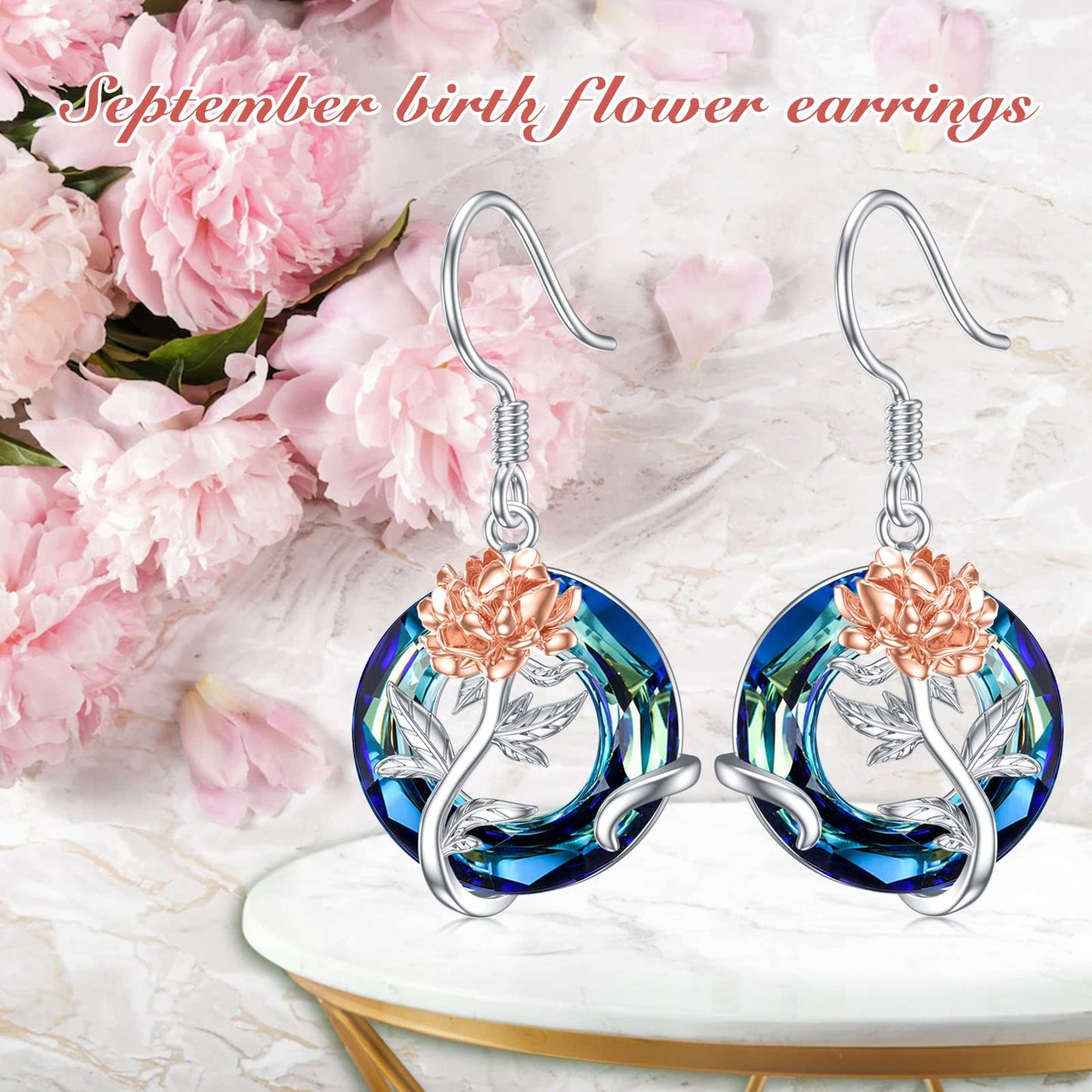TOUPOP September Birth Flower Earrings Peony Drop Dangle Earrings Blue Crystal Jewelry Birthday Mothers Day Gifts for Women Mom Her
