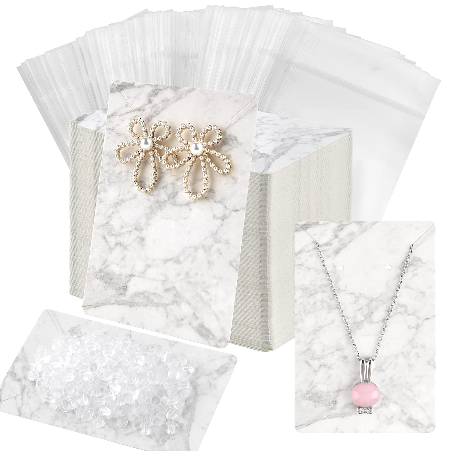Coopay 120 Pieces Earring Necklace Display Cards Jewelry Holder Cards with 200 Earring Backs and 120 Self-Sealing Bags for Ear Pendants Necklaces Jewelry Display, Marble Stripe, 3.5 x 2.4 Inches