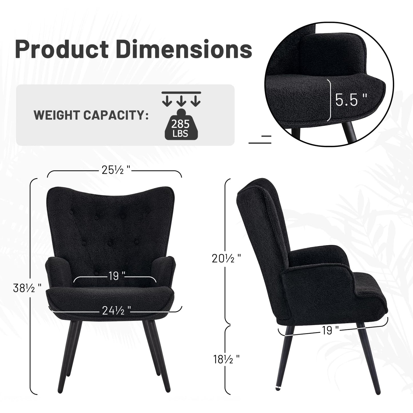 Furniliving Boucle Accent Chair for Living Room, Upholstered Reading Chair with High Backrest, Tufted-Button Wingback Armchair for Bedroom, Dressing Room, Home Office, Black