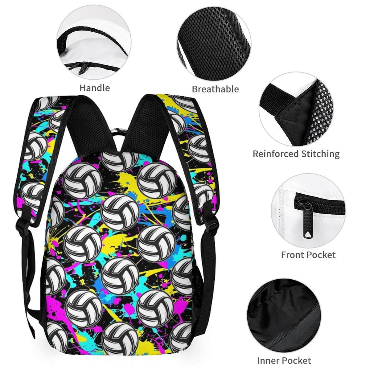 Homieblanket Volleyball Backpack with Lunch Box & Pencil Case, 16 Inch Cool Sports Themed Bookbag, Adjustable Durable Lightweight Large Capacity, Colorful Backpacks Set for Kids Girls Boys School