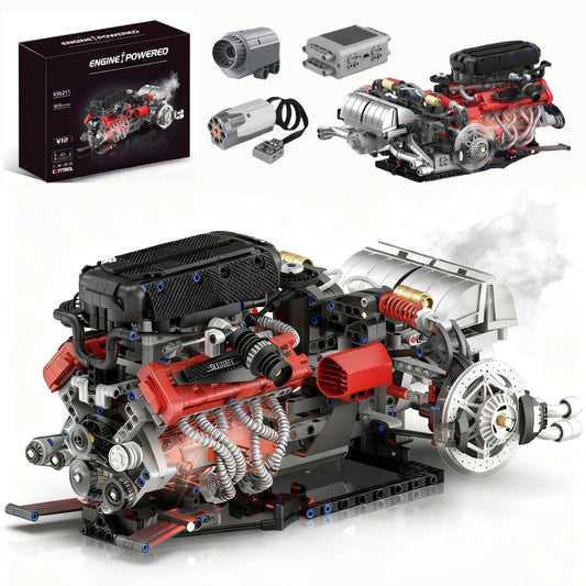 V12 Engine Model Kit that Runs - Visible MOC Physical Science Car Engine Project for Car Enthusiasts with Motor, Lighting and Exhaust,STEM Building Engineering Toy Set for Adults
