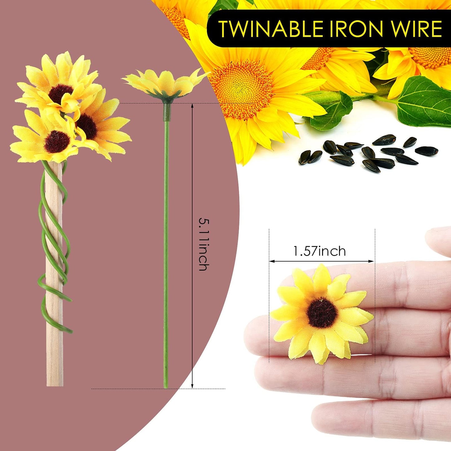 Wavwavw 50 Pcs 1.57 Inch Mini Artificial Sunflower Heads with Iron Stems for Home Party Decoration Wedding Decor, Bride Holding Flowers Centerpieces Wreath Garden DIY Art Decor Crafts
