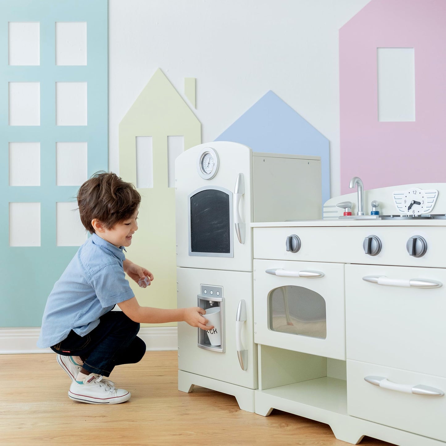 Teamson Kids Little Chef Fairfield Retro Modular Interactive Wooden Play Kitchen with Refrigerator, Sink, Stove, and Storage Space for Easy Clean Up, Off-White with Chrome Accents