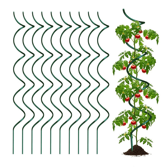 LAKNUAL 58" Green Plant Supports Spiral Tomato Cages, 10 Pack Metal Twisted Tomato Stakes Climbing Plant Stake Tower Outdoor Indoor