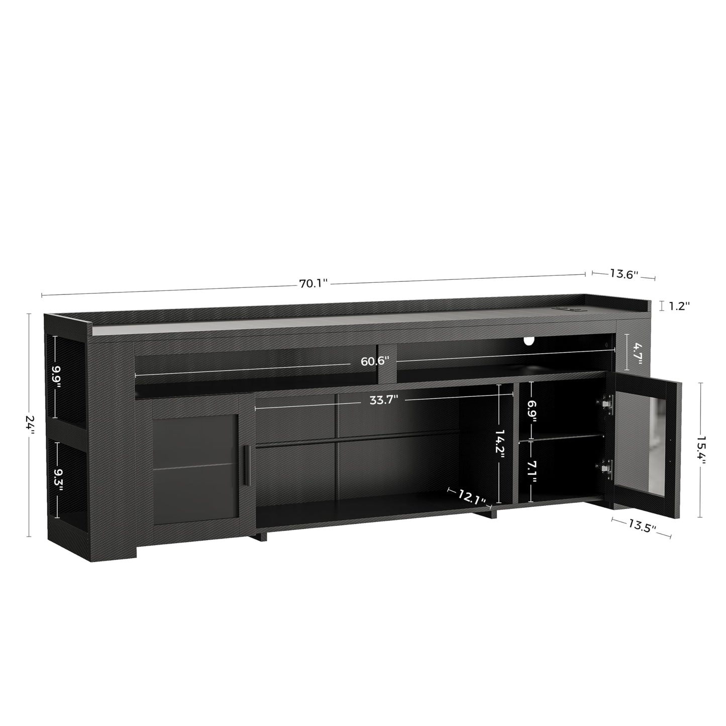IRONCK TV Stand for TVs Up to 70" with Charging Station, LED Entertainment Center, Modern Carbon Fiber Media Console with Adjustable Glass Shelves & 2 Doors, Organize Your Gaming & Living Room, Black