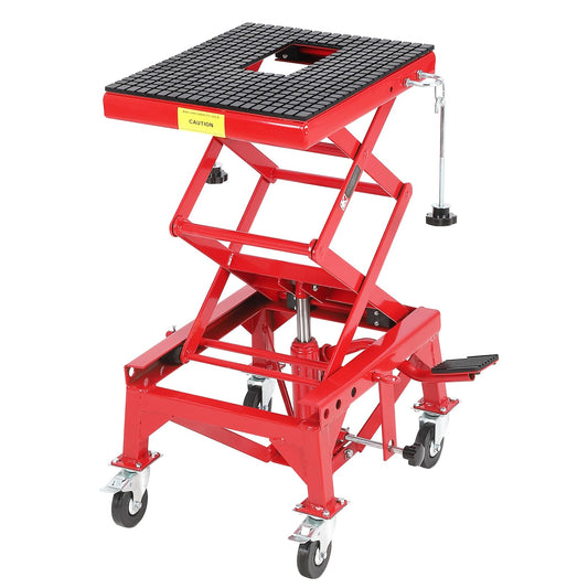 Hydraulic Motorcycle Lift Jack Table, 350 lbs Capacity Heavy Duty Motorcycle Scissor Jack Lift with Wide Deck, J-Hooks, 4 Wheels, Hydraulic Foot Operated Jack Stand for ATV Dirt Bikes