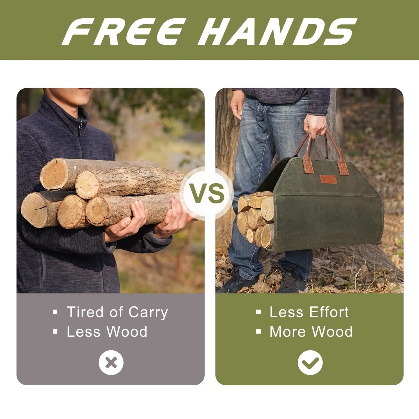 GOOD GAIN Firewood Carrier Waxed Canvas with Handles, Wood Carrier for Firewood, 36x18.5 Inch Heavy Duty Firewood Storage Tote, Fireplace Log Carrier Indoor Bag, Wood Stove Accessories. Green