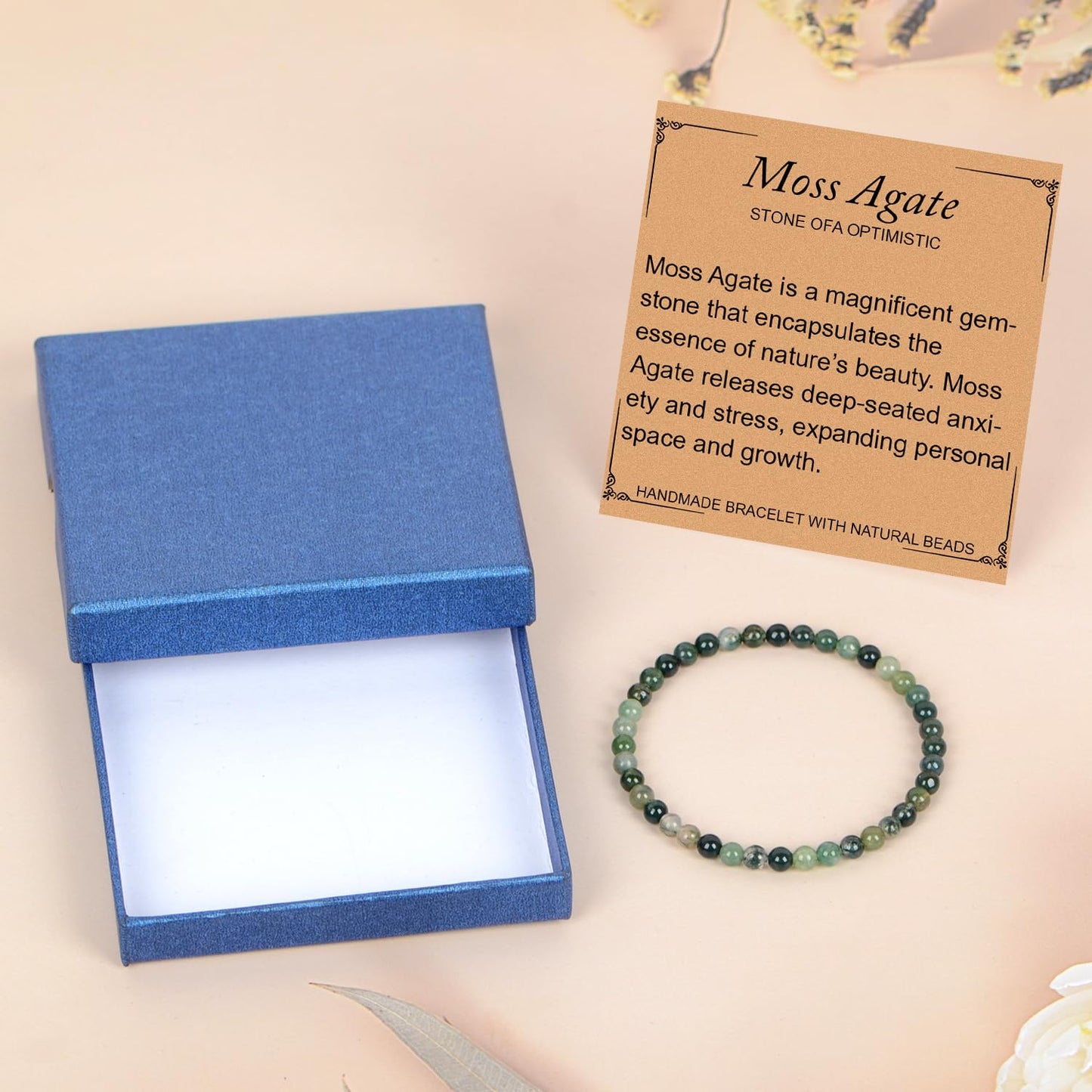 LPBeads Handmade Natural Gemstone Stretch Elastic 4mm Moss Agate Bracelet Healing Crystal Round Stone Beads Jewelry Gifts for Women Men